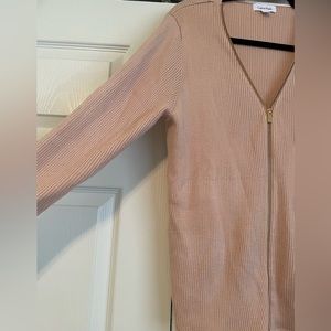 Womens Calvin Klein knit cardigan. Peachy pink and gold accent zipper.